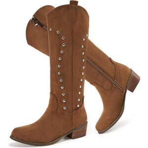 Women Lightbrown Suede Knee High Pointed Toe Chunky Heels  Cowgirl Boots